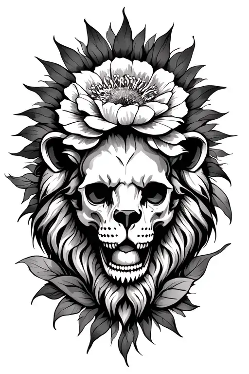 The skull of the lion's flower and the sun tattoo design idea