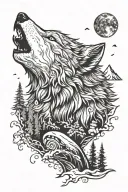Wolf and natural elements: A wolf howling, surrounded by mountains or forest. Your name could be inscribed tattoo design idea