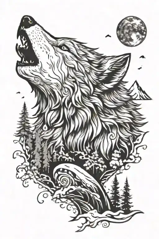 Wolf and natural elements: A wolf howling, surrounded by mountains or forest. Your name could be inscribed tattoo design idea