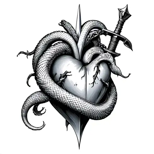 dagger that pierces a heart. twisted to the dagger there must be a snake tattoo design idea