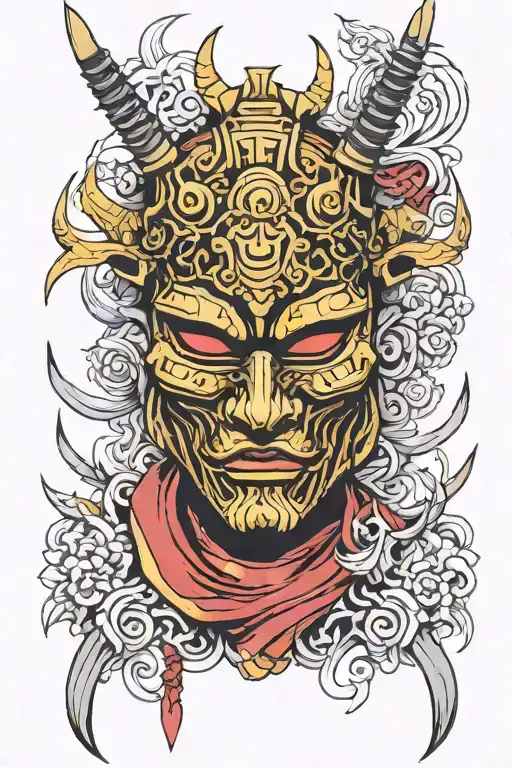 samurai mask temple tattoo design idea