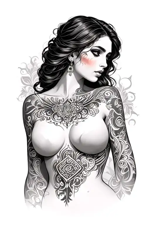 elegant tattoo woman chest shoulder under boobs, art nouveau, arabic,  tattoo design idea