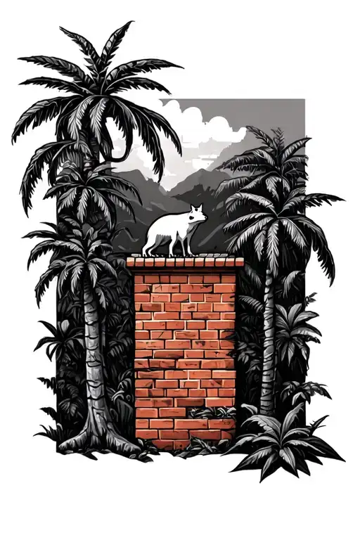 jungle trees, small brick wall in the middle with some sort of animal  tattoo design idea