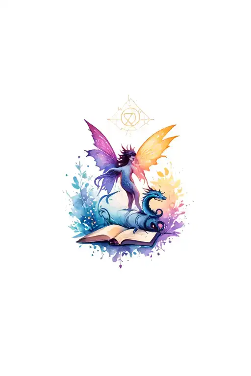 a fantasy style tattoo featuring fairies, dragons, books, and magical  elements. include sigils for beauty and strength tattoo design idea