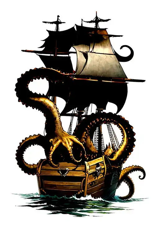 kraken, treasure chest, pirate ship tattoo design idea