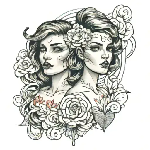 gemini two females with different facial expressions  tattoo design idea