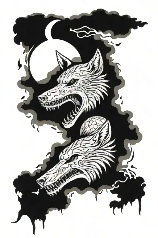 skull and wolf with moon made tattoo design idea