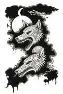 skull and wolf with moon made tattoo design idea
