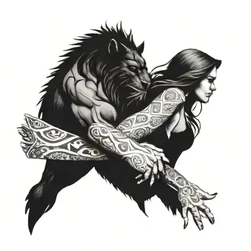 a siloutte of a girl and a beast holding hands reaching tattoo design idea