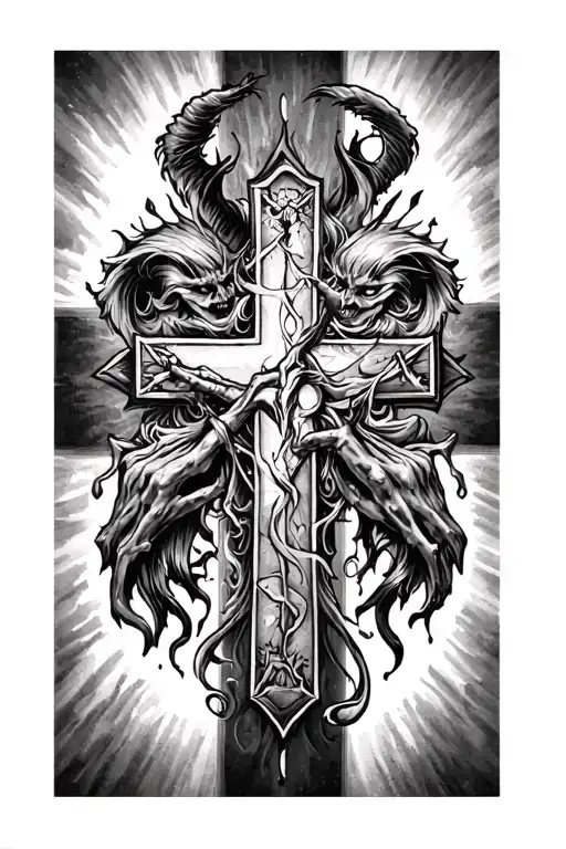 good vs evil with cross incorporated tattoo design idea