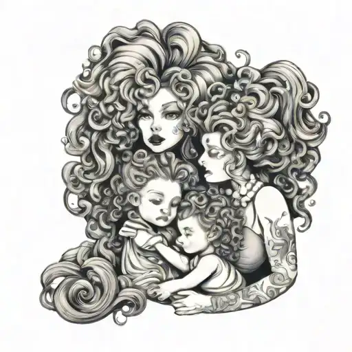 big hair fairytale scene 2 daughters and a mother tattoo design idea