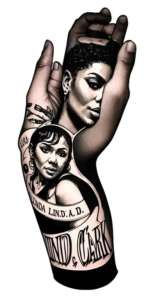 an arm sleeve with the name of LINDA D. CLARK with some black person degins on the forarm  tattoo design idea
