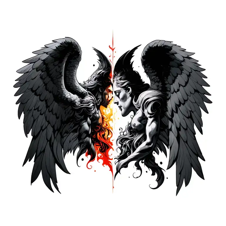 design asymbolic chest tattoo that represents an internal Battle between two opposing personalities,two different angels tattoo design idea