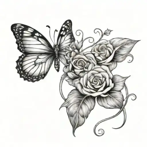 butterfly rose intertwined and Ellie engraved tattoo design idea