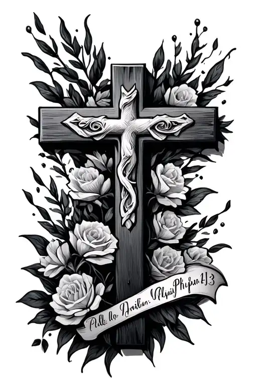 Realistic cross with Philippians 4:13 written tattoo design idea