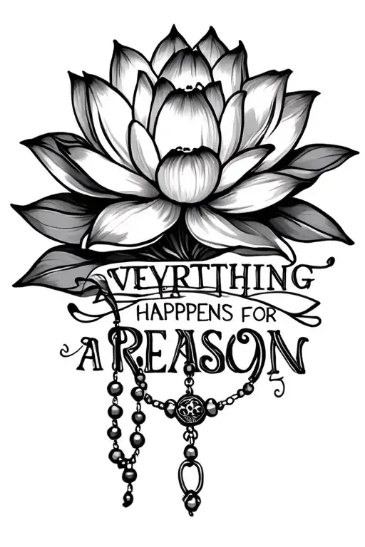 can you create a tattoo that has a rosary , a lotus , flowers and the quote “ everything happens for a reason “  tattoo design idea