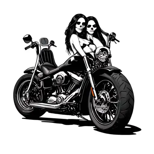 skulls sexy harley davidson motorcycle girl sitting tattoo design idea
