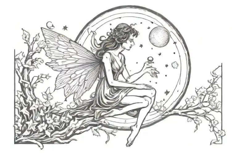 fairy and moon shining tattoo design idea
