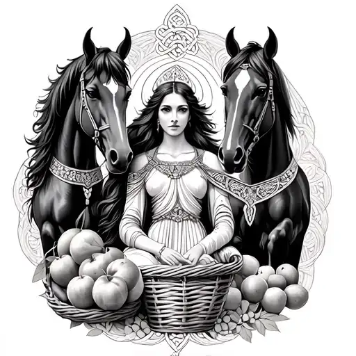 Celtic Goddess, Epona. surrounded by Horses and with a basket of fruit tattoo design idea
