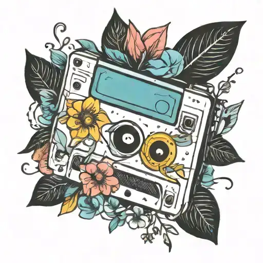 Generate an image: a minimalist tattoo with a cassette, some flowers, some colors. It's for a joint tattoo with my best  tattoo design idea