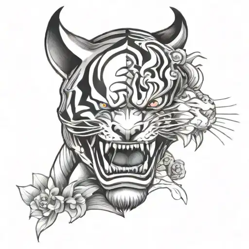 half tiger face half hannya face tattoo design idea