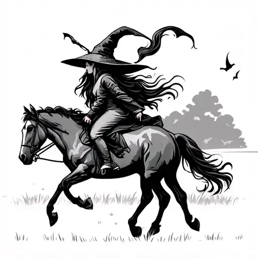 witch on a horse galloping through a field tattoo design idea