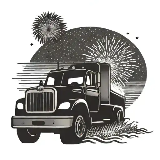 A truck driver silhouette against a South Carolina beach sunset with fireworks in the sky tattoo design idea