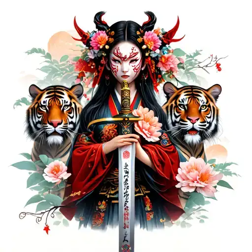 japanese girl with sword and flowers oni mask surrounded tigers and temples tattoo design idea