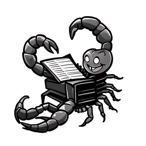 a cartoon friendly looking scorpion playing the piano whilst smiling  tattoo design idea