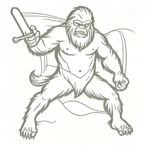 Sasquatch holding Japanese knife tattoo design idea