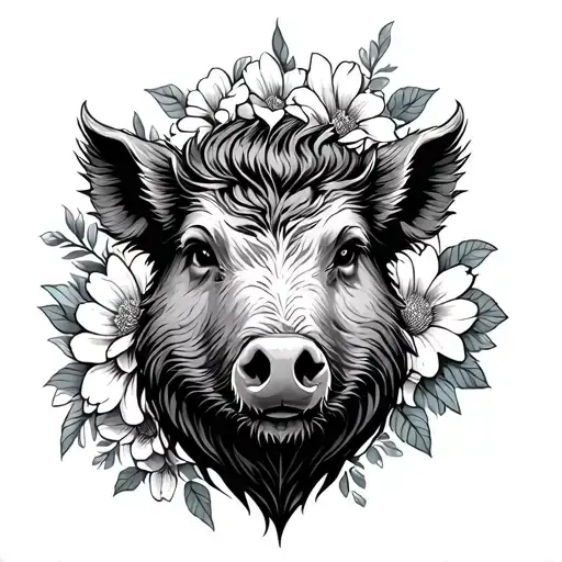 boar head surrounded by blooming flowers tattoo design idea