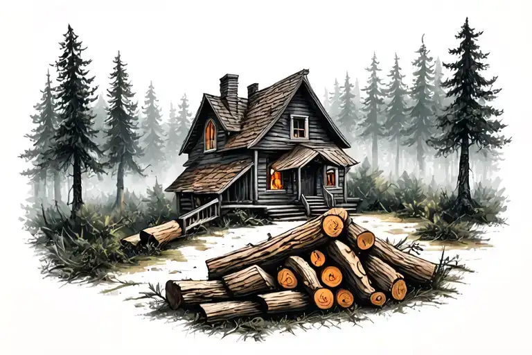 house in the forest with a stack of firewood in the foreground tattoo design idea