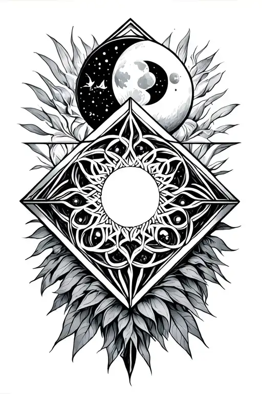 4 sided diamond with waterfall sun and moon inside. sacred geometric shape "flower of life" around the diamond tattoo design idea