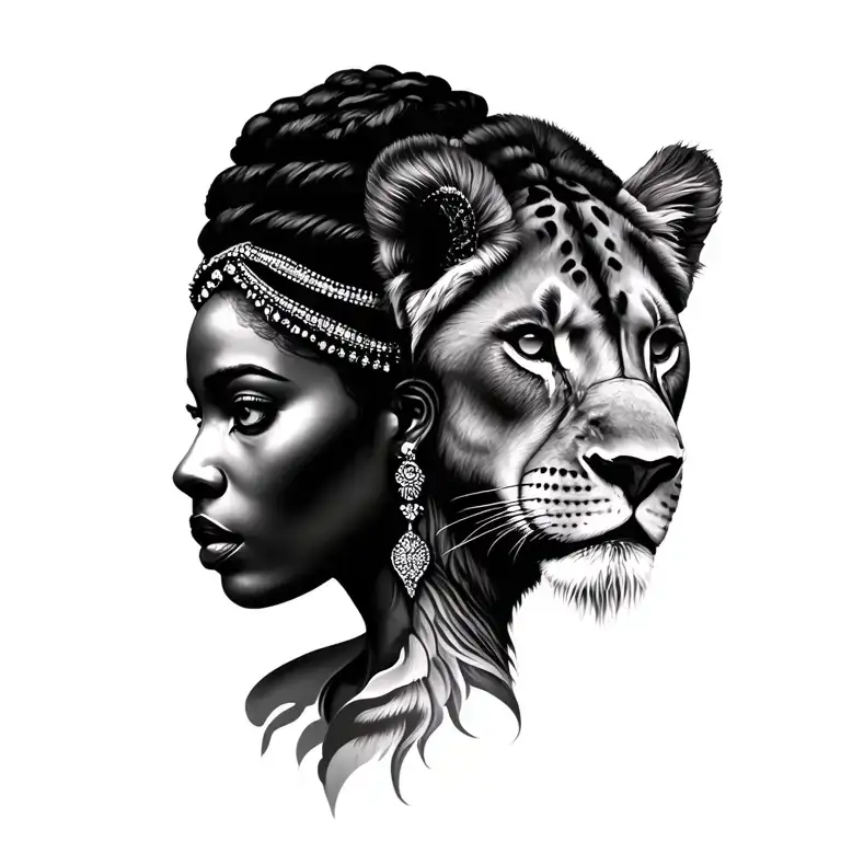 african queen and lioness face morphing tattoo design idea