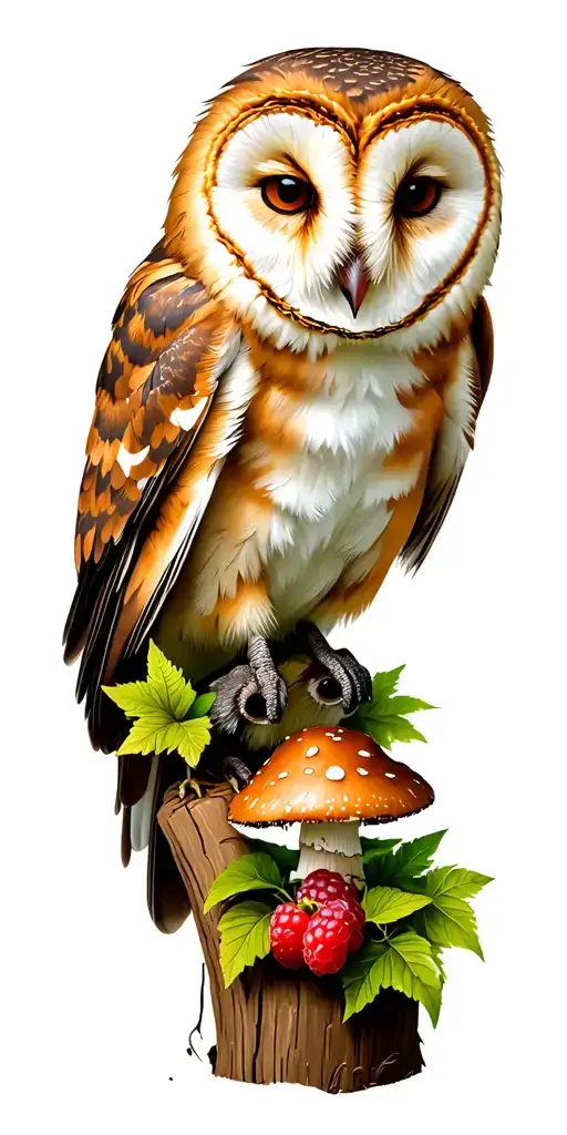 barn owl perched with trillium and poison ivy, raccoon on log with mushrooms and wild raspberries, fox with ferns tattoo design idea