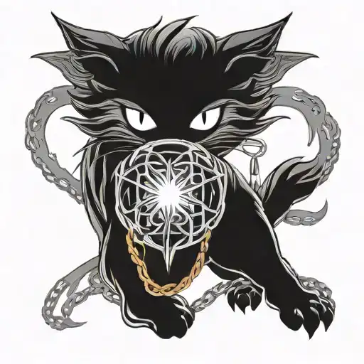 Flames at the black, a heart with a cat eye inside surrounded by Kurapika's Judgement Chain tattoo design idea