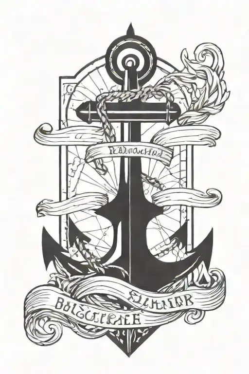 poster style black with negative space featuring simple text at the top of  an anchor in a square back piece  tattoo design idea