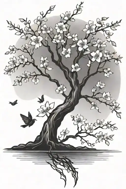 cherry blossom tree with leaves flying away tattoo design idea