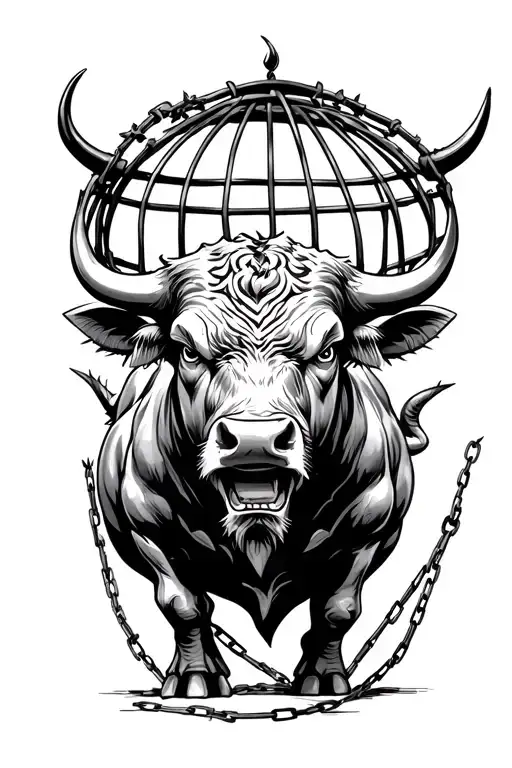 An angry bull struggles with the German FederalArdler, trapped in a cage with barbed wire and chains tattoo design idea