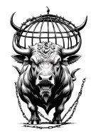 An angry bull struggles with the German FederalArdler, trapped in a cage with barbed wire and chains tattoo design idea