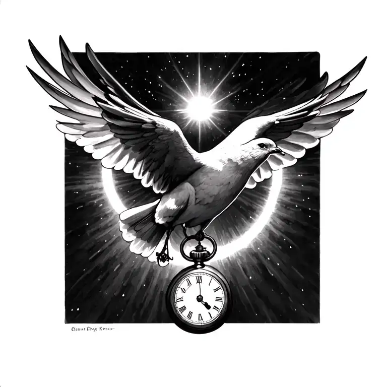 Dove which flies towards Halo of Light by holding a pocket watch in its legs tattoo design idea