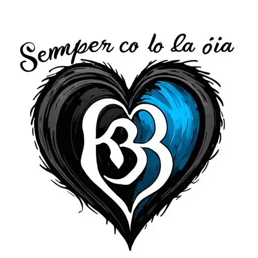 A writing "Sempèr co la òia" and on each side of the writing there should be a black and blue heart with a white "B" tattoo design idea