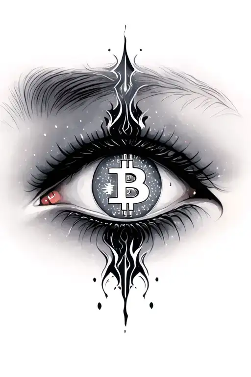 No brow, Feminine Eye, black & grey with light grey & white highlights in the iris. Dark outline, bitcoin logo in iris. tattoo design idea