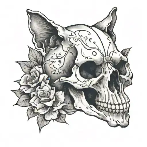 cat skull and cross-bluebonnets tattoo design idea