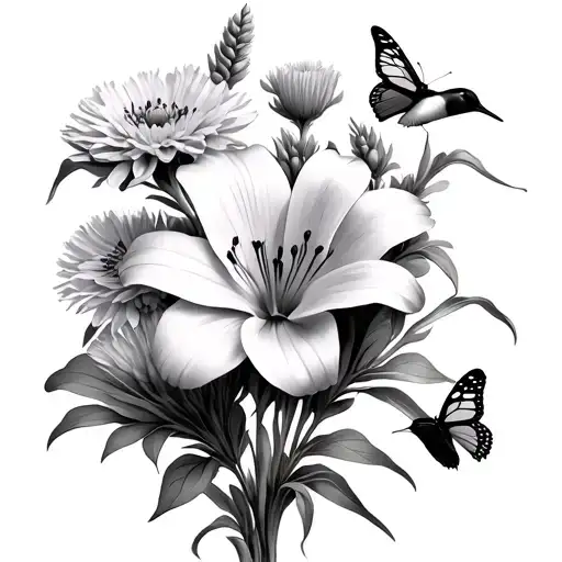 Lillies, Japanese anemone, and cornflowers with butterflies and hummingbirds  tattoo design idea