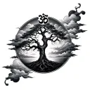 forearm sleeve with ohm sign at the top of the forearm besides a tree of life tattoo  realistice clouds as the filler tattoo design idea
