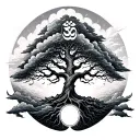 forearm sleeve with ohm sign at the top of the forearm besides a tree of life tattoo  realistice clouds as the filler tattoo design idea