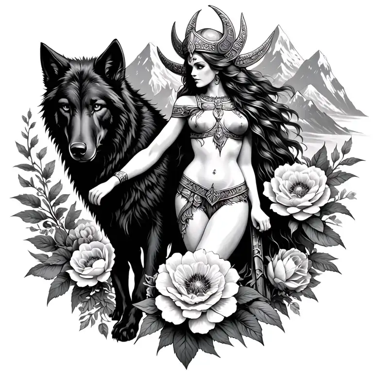 Viking Athena sexy goddess surrounded by poeny flowers and black wolf with mountains range  tattoo design idea
