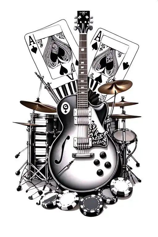 "Hyper-realistic black and white sleeve: guitar, piano keys, drum set, aces, and poker chips with deep shading sharpness tattoo design idea
