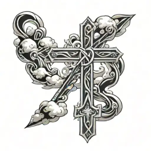 unclosed infinity symbol cross with clouds in the background with hard fought hallelujah said in it tattoo design idea